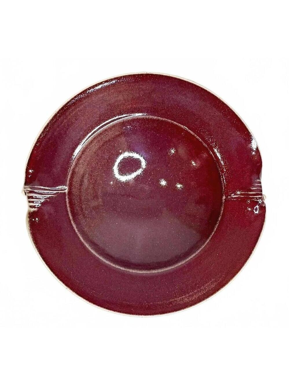 Vintage Oxblood Stoneware 9 in Bowl Decorated Notched Rim Studio Pottery Signed